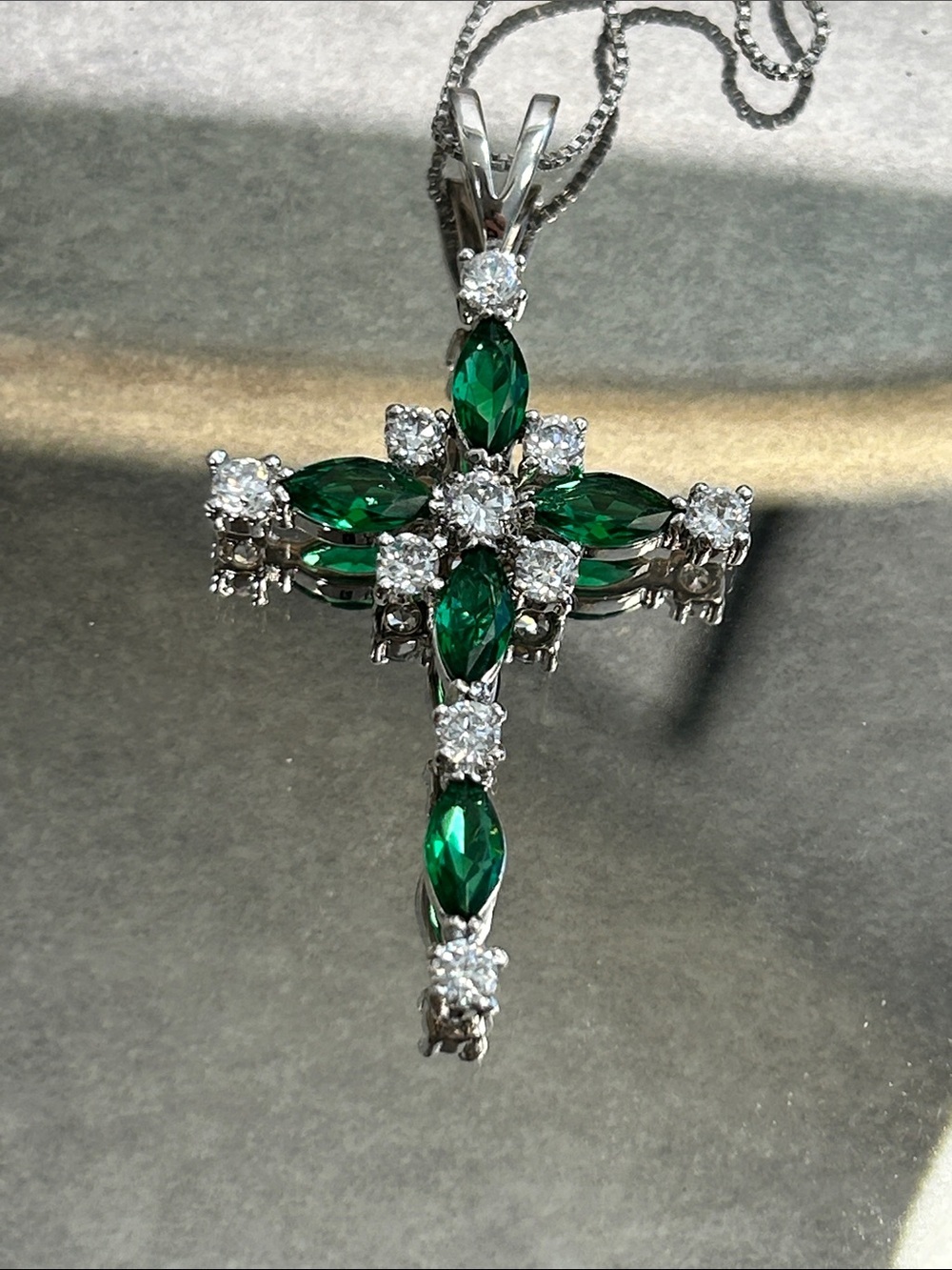 Emerald Green Crystal Cross Pendant Necklace - Silver Tone